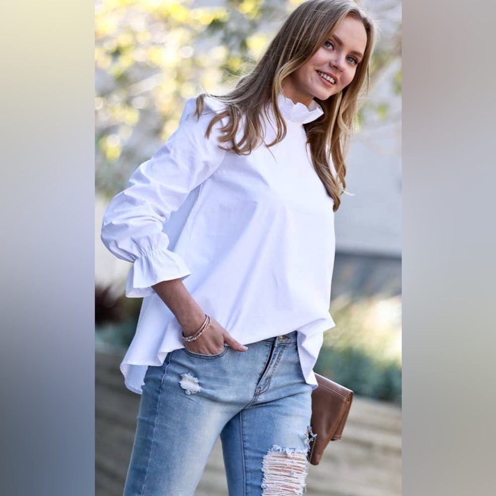 Ruffle neck, A-line poplin blouse with tie in back